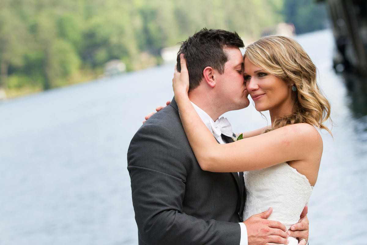 Wedding couple beside Lake Rabun