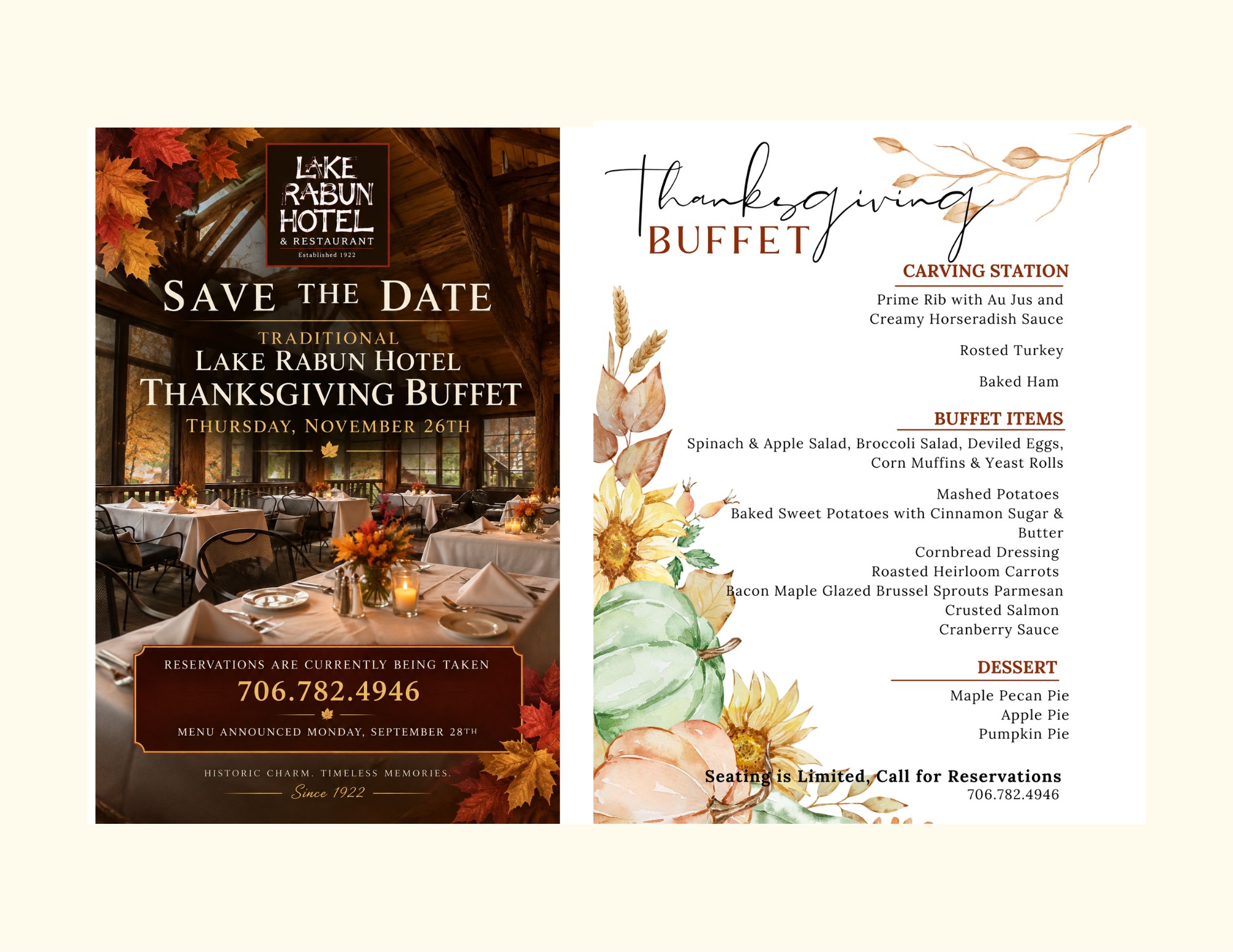 Lake Rabun Hotel & Restaurant Thanksgiving 2026 menu